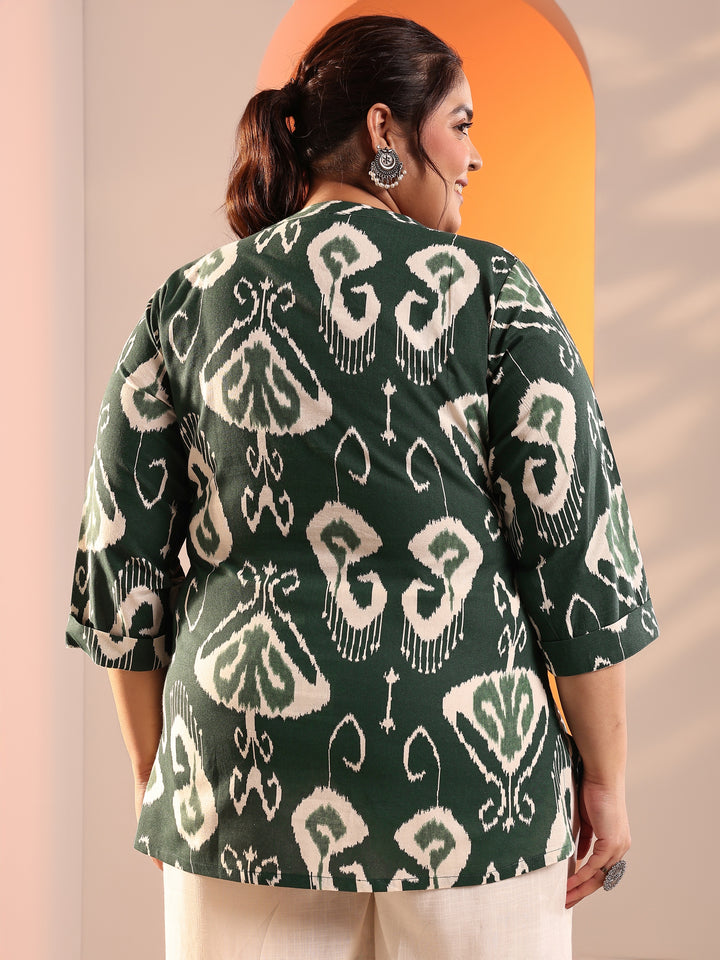 Plus Size Green Printed Cotton Straight Short Kurti