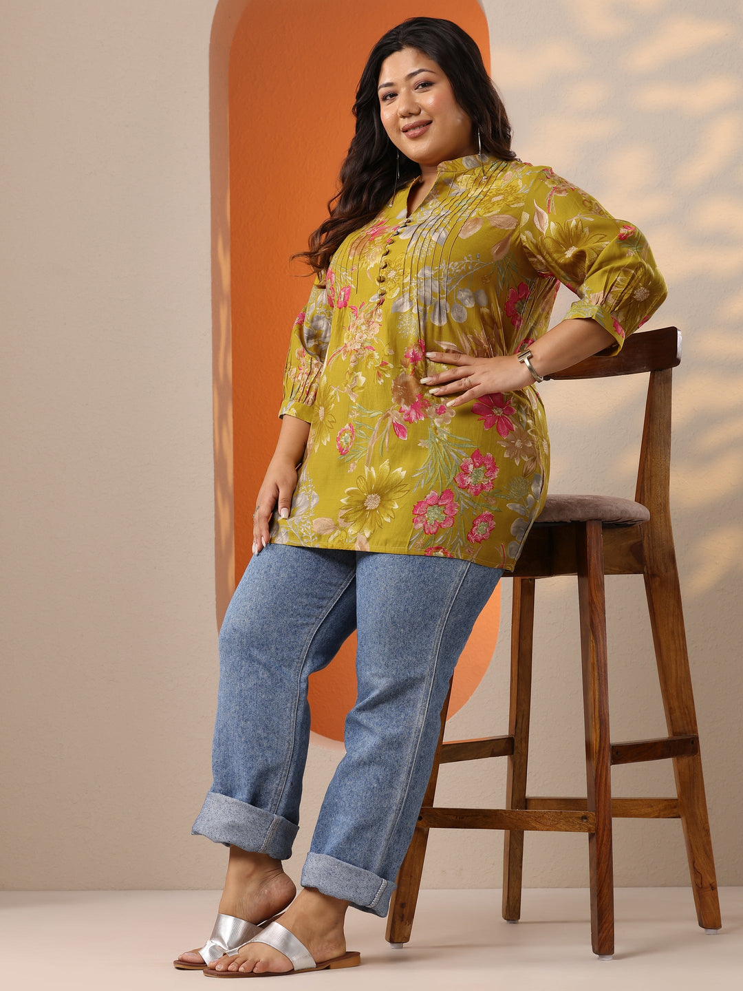 Plus Size Green Printed Silk Blend Straight Short Kurti