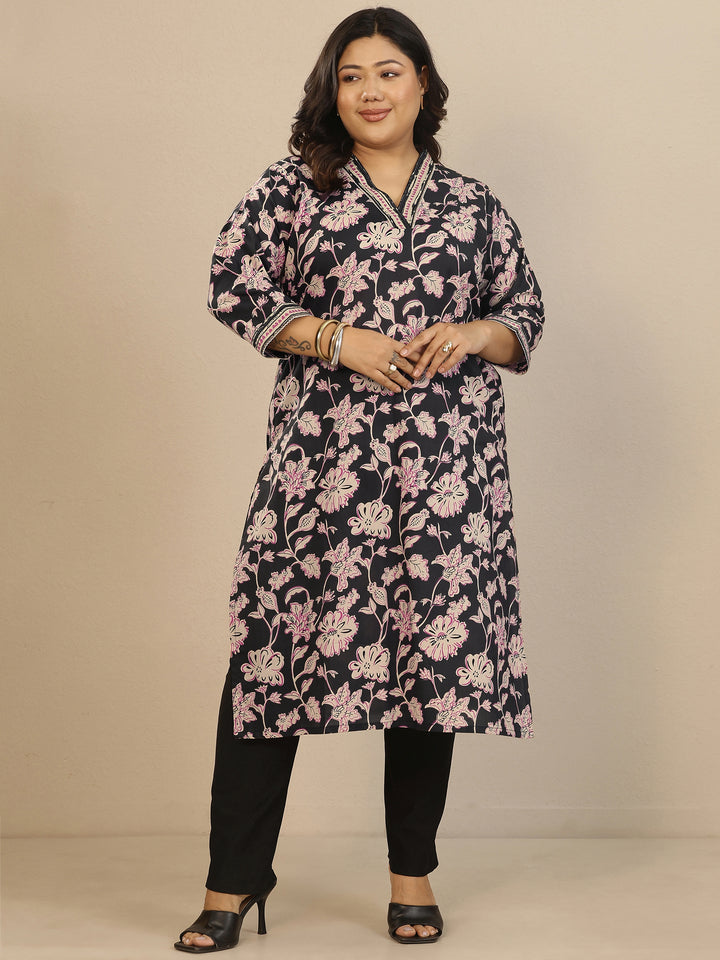 Plus Size Black Printed Cotton Straight Kurta