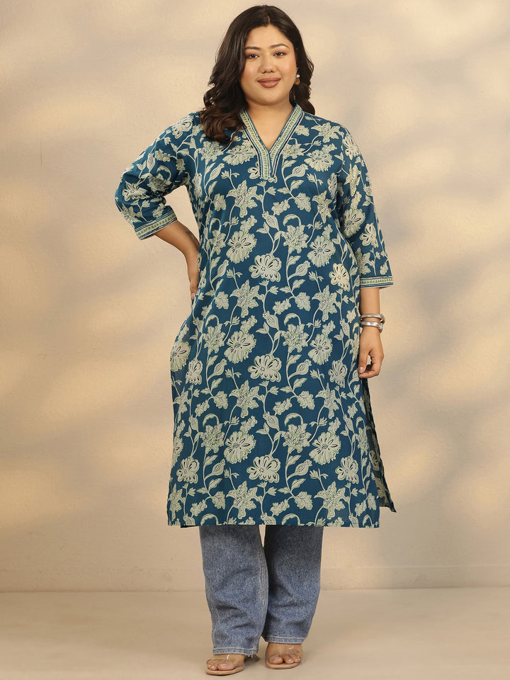 Plus Size Teal Printed Cotton Straight Kurta
