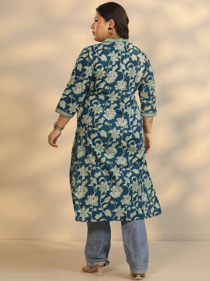 Plus Size Teal Printed Cotton Straight Kurta