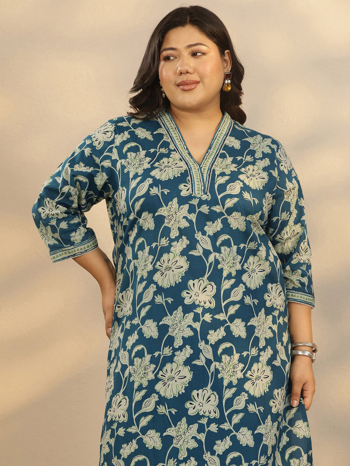 Plus Size Teal Printed Cotton Straight Kurta