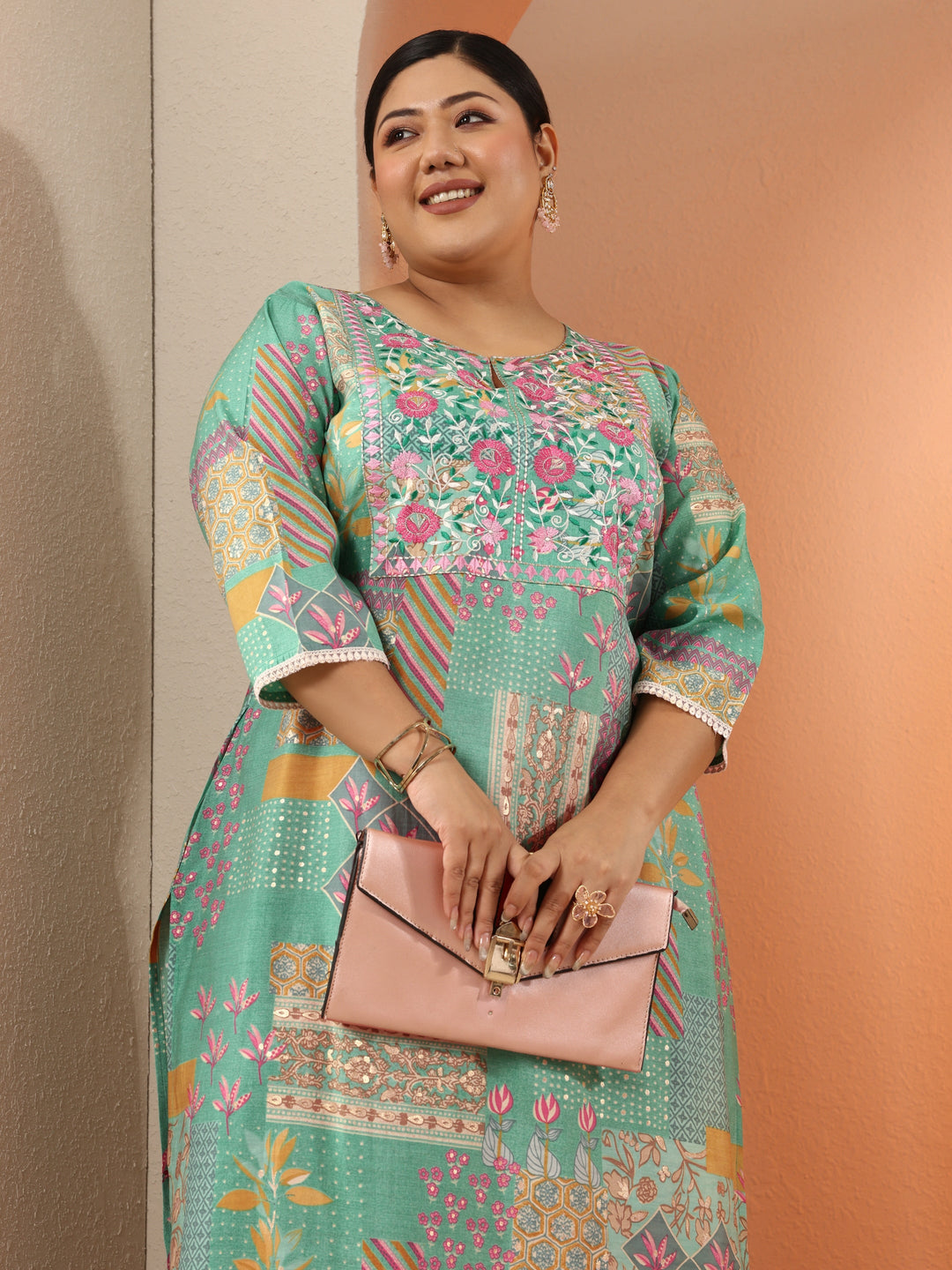 Plus Size Blue Embroidered Silk Blend Straight Kurta