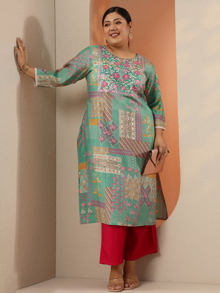 Plus Size Blue Embroidered Silk Blend Straight Kurta