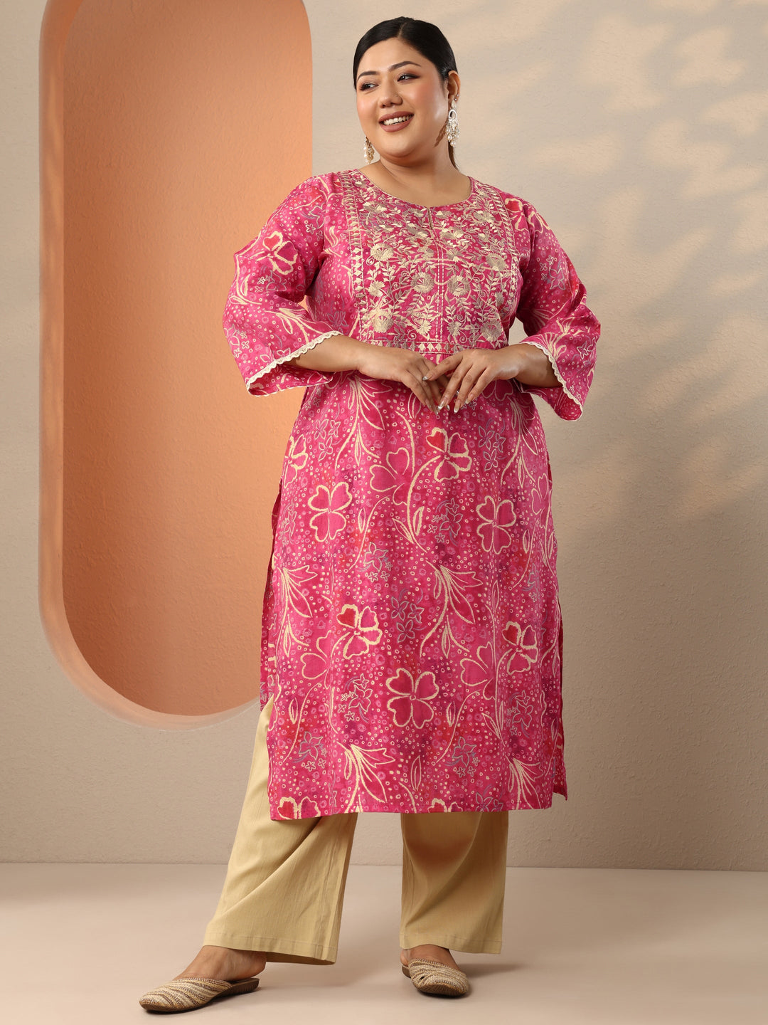 Plus Size Pink Embroidered Silk Blend Straight Kurta