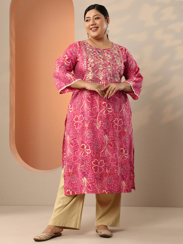 Plus Size Pink Embroidered Silk Blend Straight Kurta
