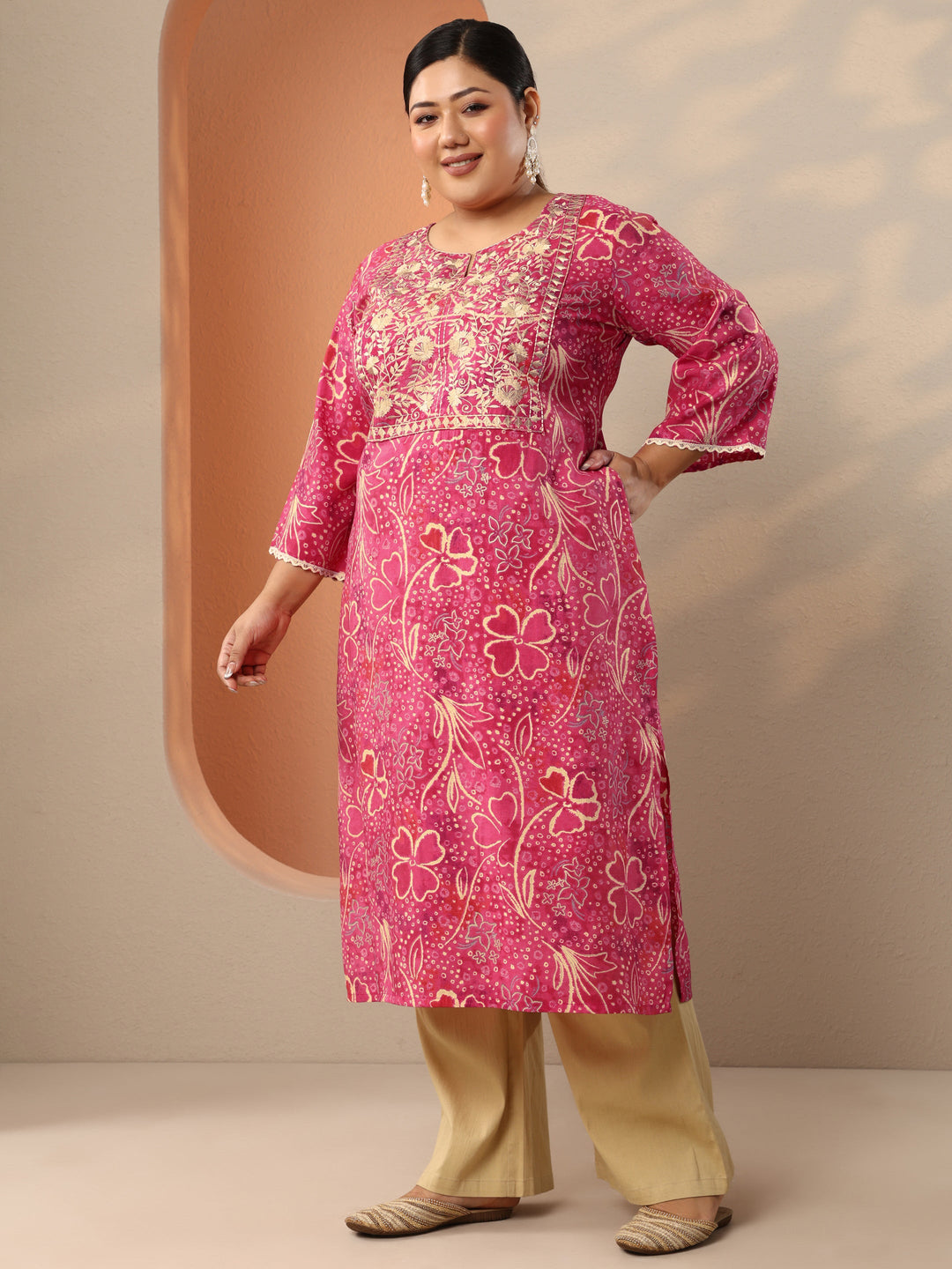 Plus Size Pink Embroidered Silk Blend Straight Kurta