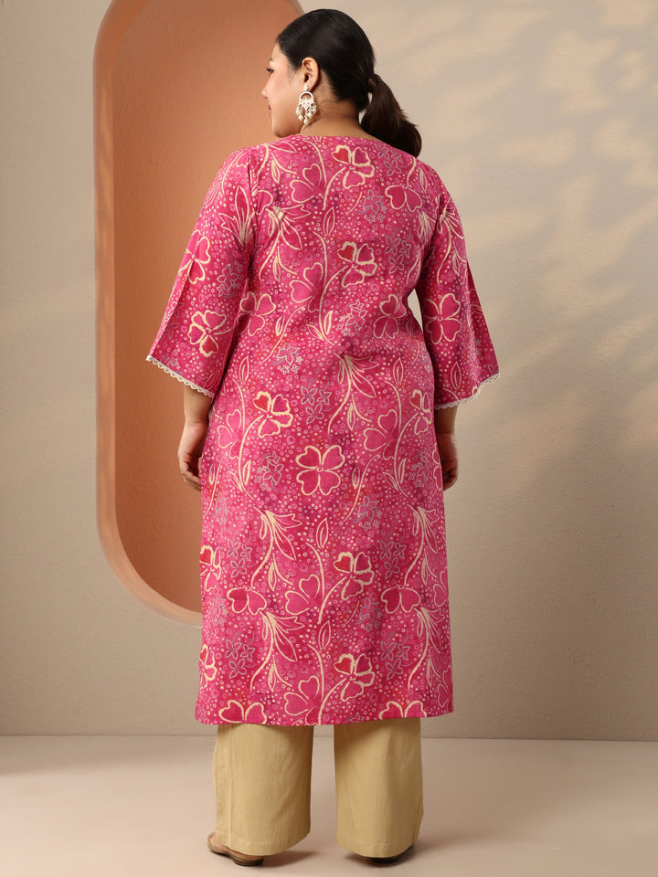 Plus Size Pink Embroidered Silk Blend Straight Kurta