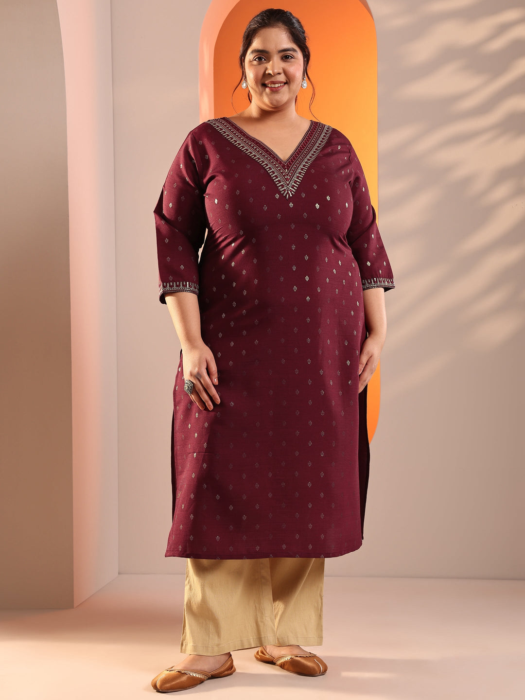 Plus Size Maroon Woven Design Silk Blend Straight Kurta