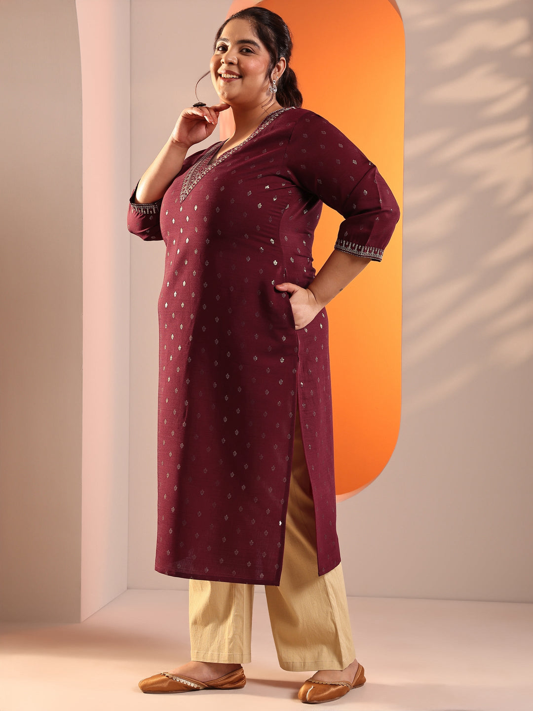 Plus Size Maroon Woven Design Silk Blend Straight Kurta