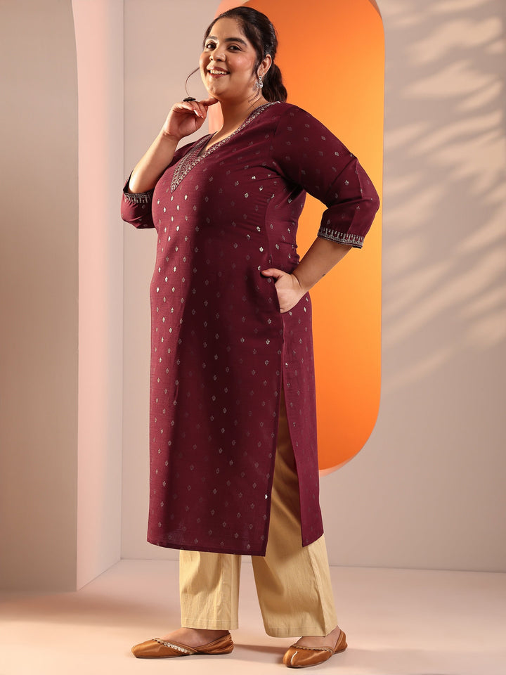 Plus Size Maroon Woven Design Silk Blend Straight Kurta
