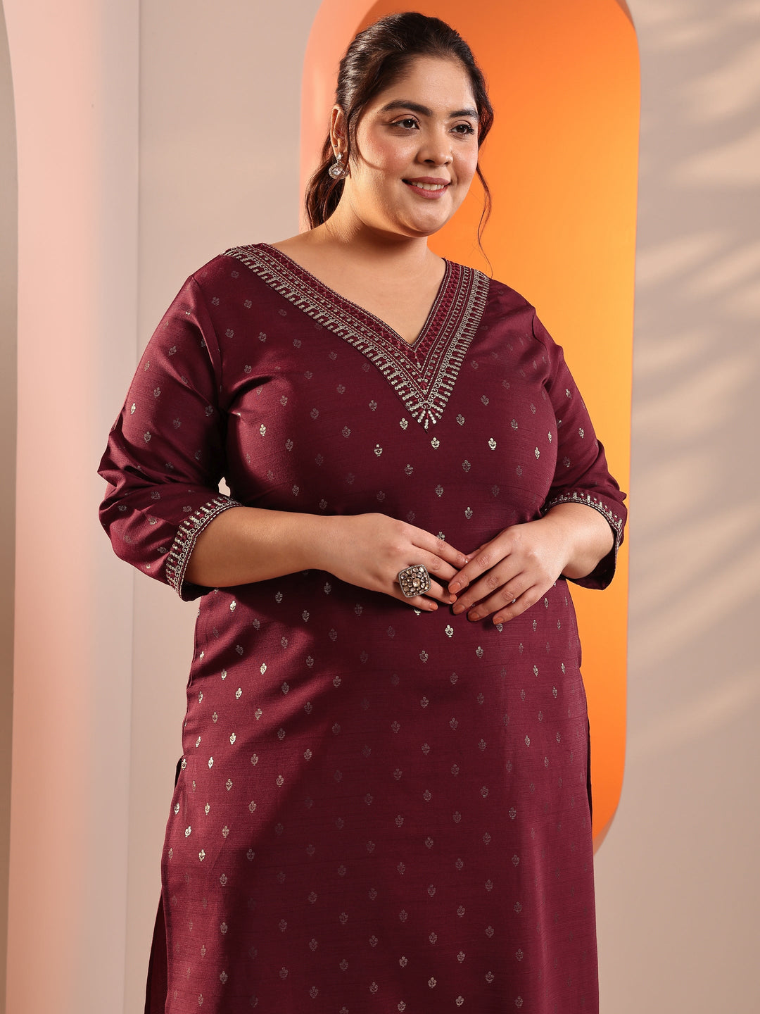 Plus Size Maroon Woven Design Silk Blend Straight Kurta