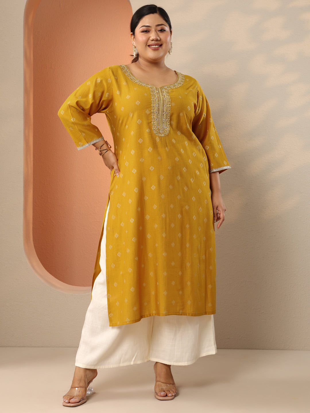 Plus Size Yellow Woven Design Silk Blend Straight Kurta