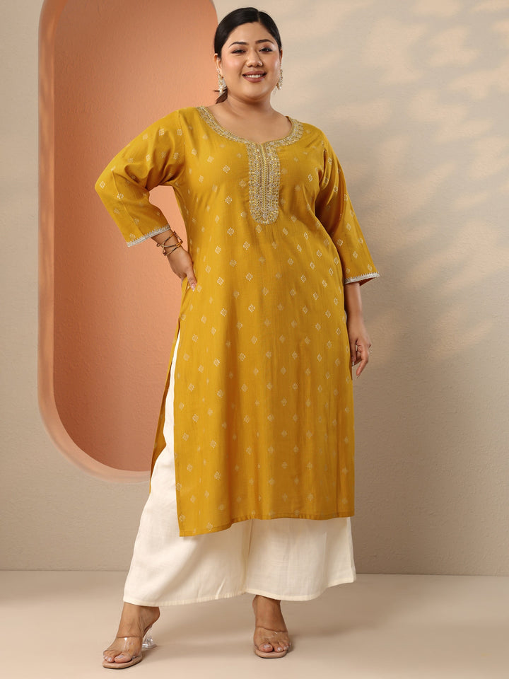 Plus Size Yellow Woven Design Silk Blend Straight Kurta