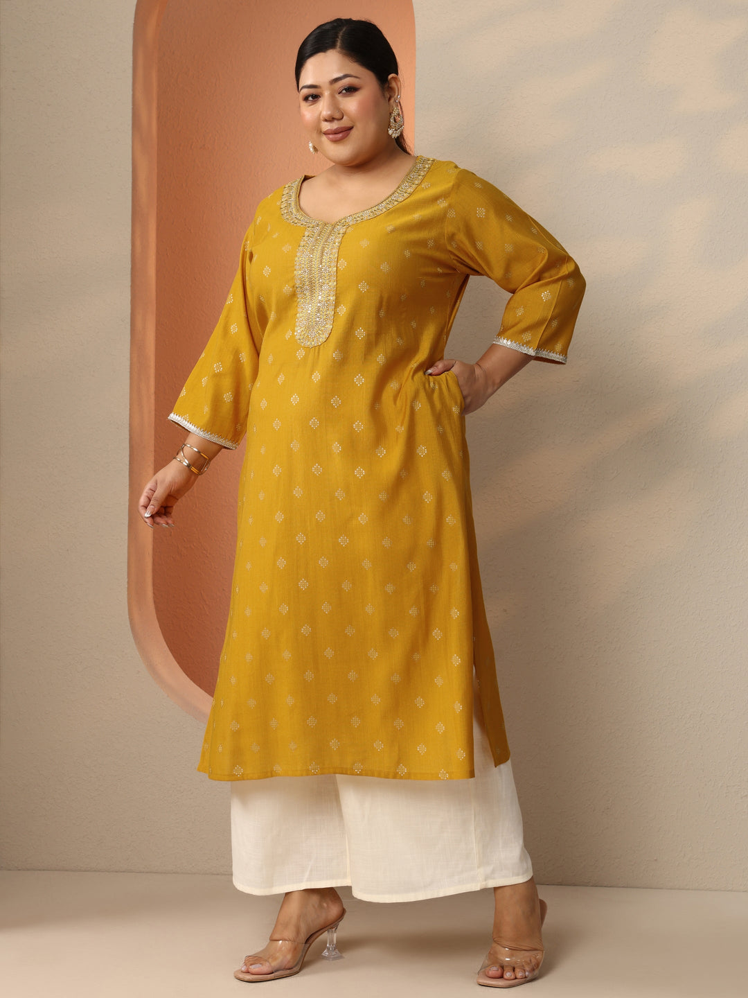 Plus Size Yellow Woven Design Silk Blend Straight Kurta