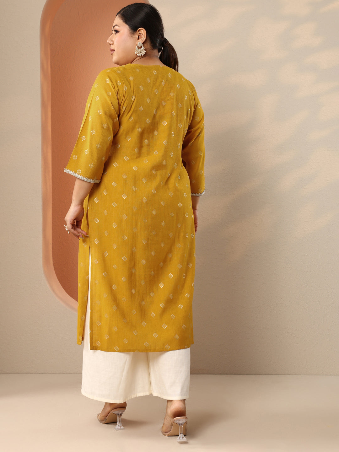 Plus Size Yellow Woven Design Silk Blend Straight Kurta