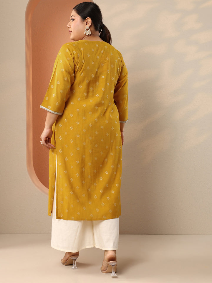 Plus Size Yellow Woven Design Silk Blend Straight Kurta