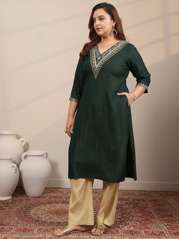 Plus Size Green Embellished Rayon Straight Kurta