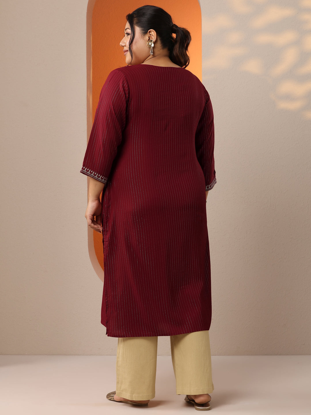 Plus Size Red Embellished Rayon Straight Kurta