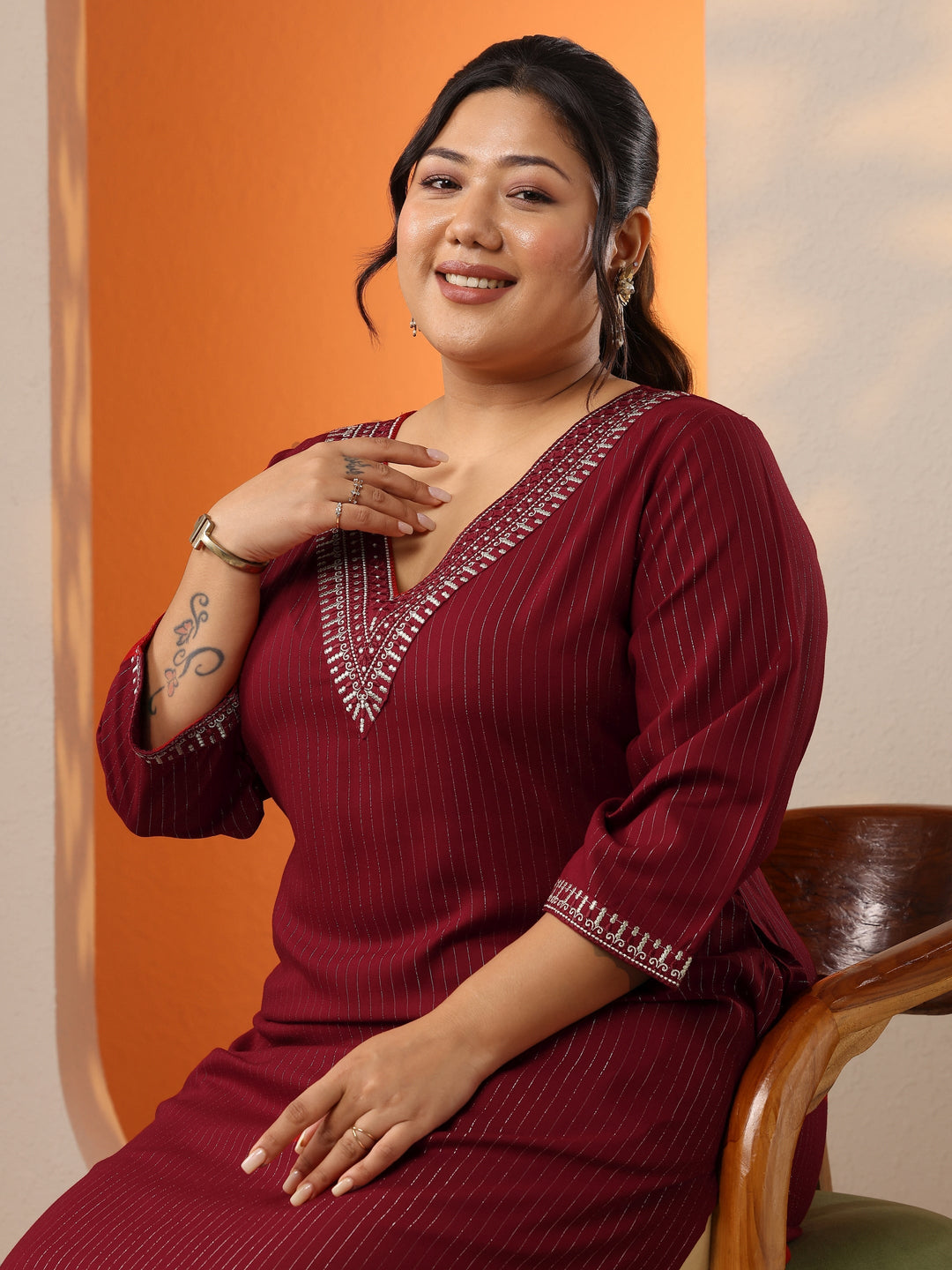 Plus Size Red Embellished Rayon Straight Kurta
