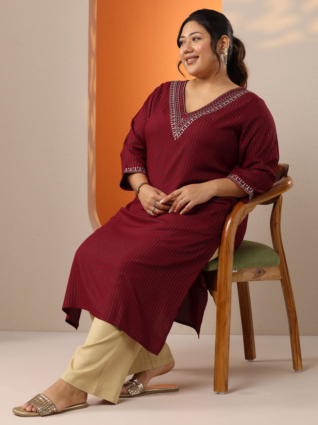 Plus Size Red Embellished Rayon Straight Kurta