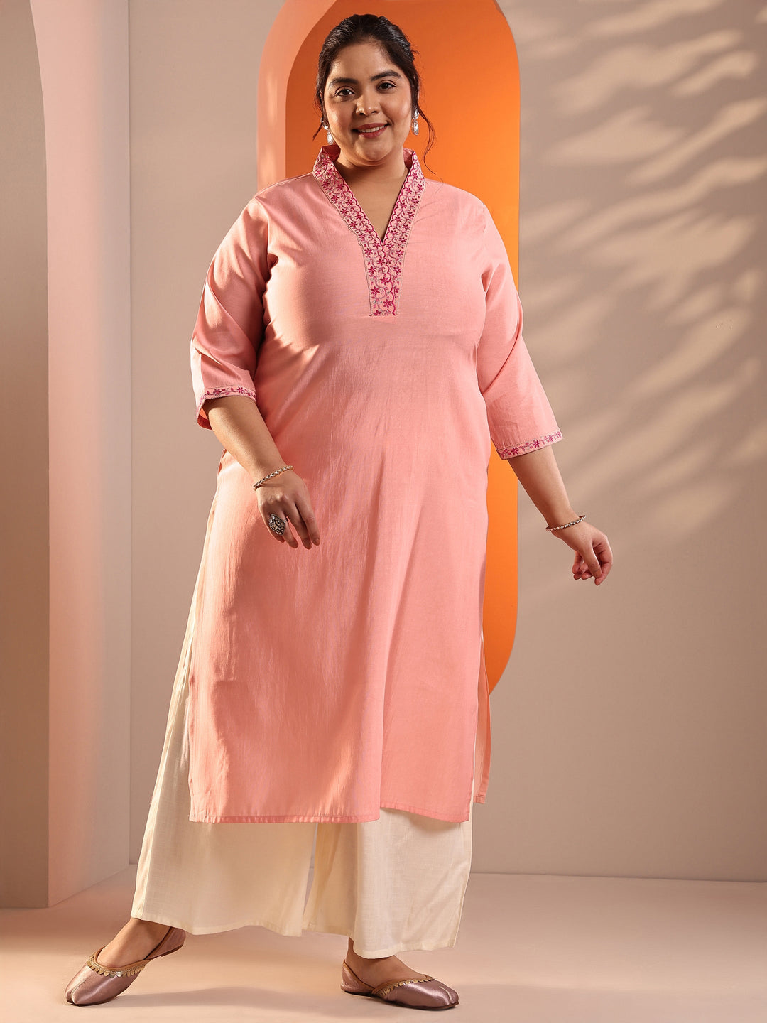 Plus Size Peach Embroidered Silk Blend Straight Kurta