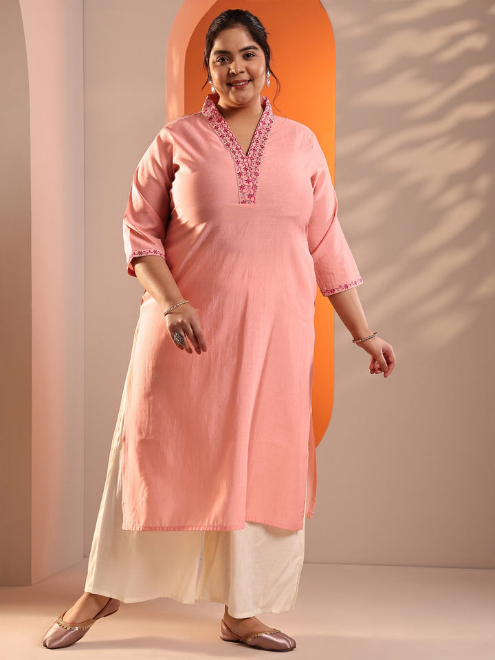 Plus Size Peach Embroidered Silk Blend Straight Kurta