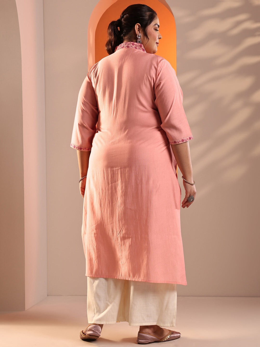 Plus Size Peach Embroidered Silk Blend Straight Kurta