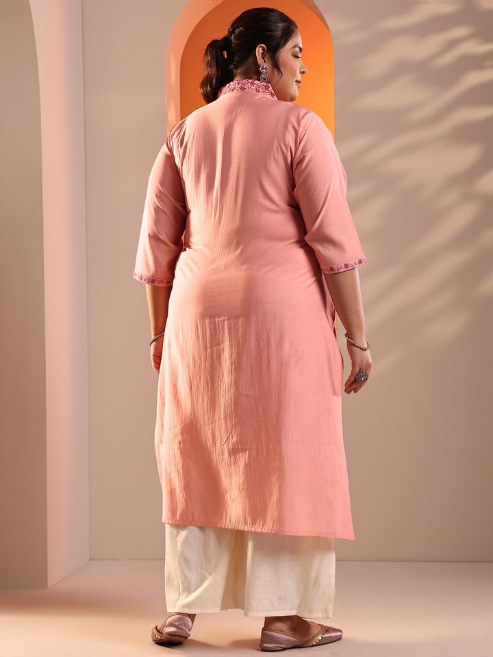 Plus Size Peach Embroidered Silk Blend Straight Kurta