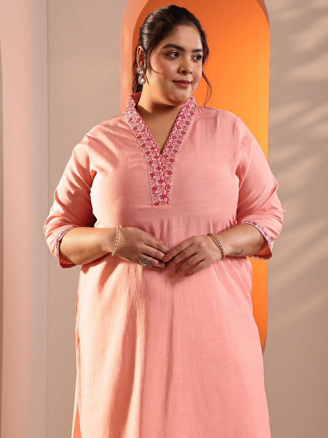 Plus Size Peach Embroidered Silk Blend Straight Kurta