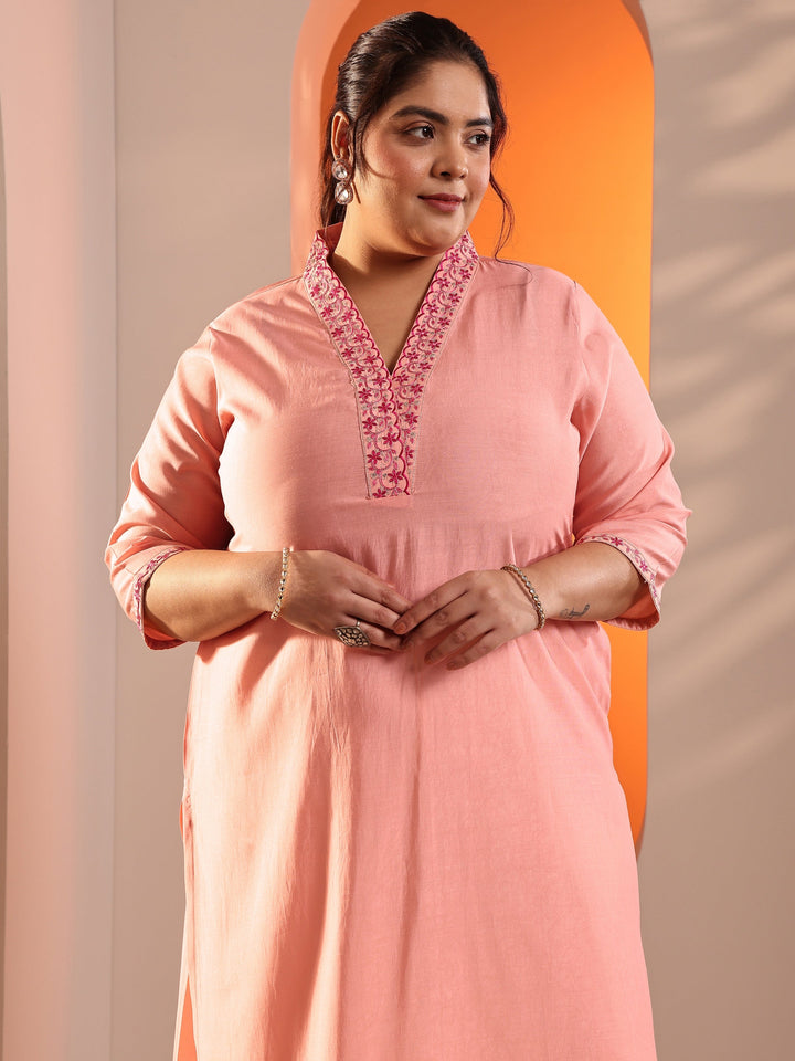 Plus Size Peach Embroidered Silk Blend Straight Kurta