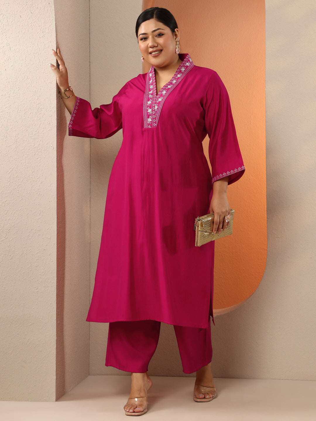 Plus Size Pink Embellished Silk Blend Straight Kurta