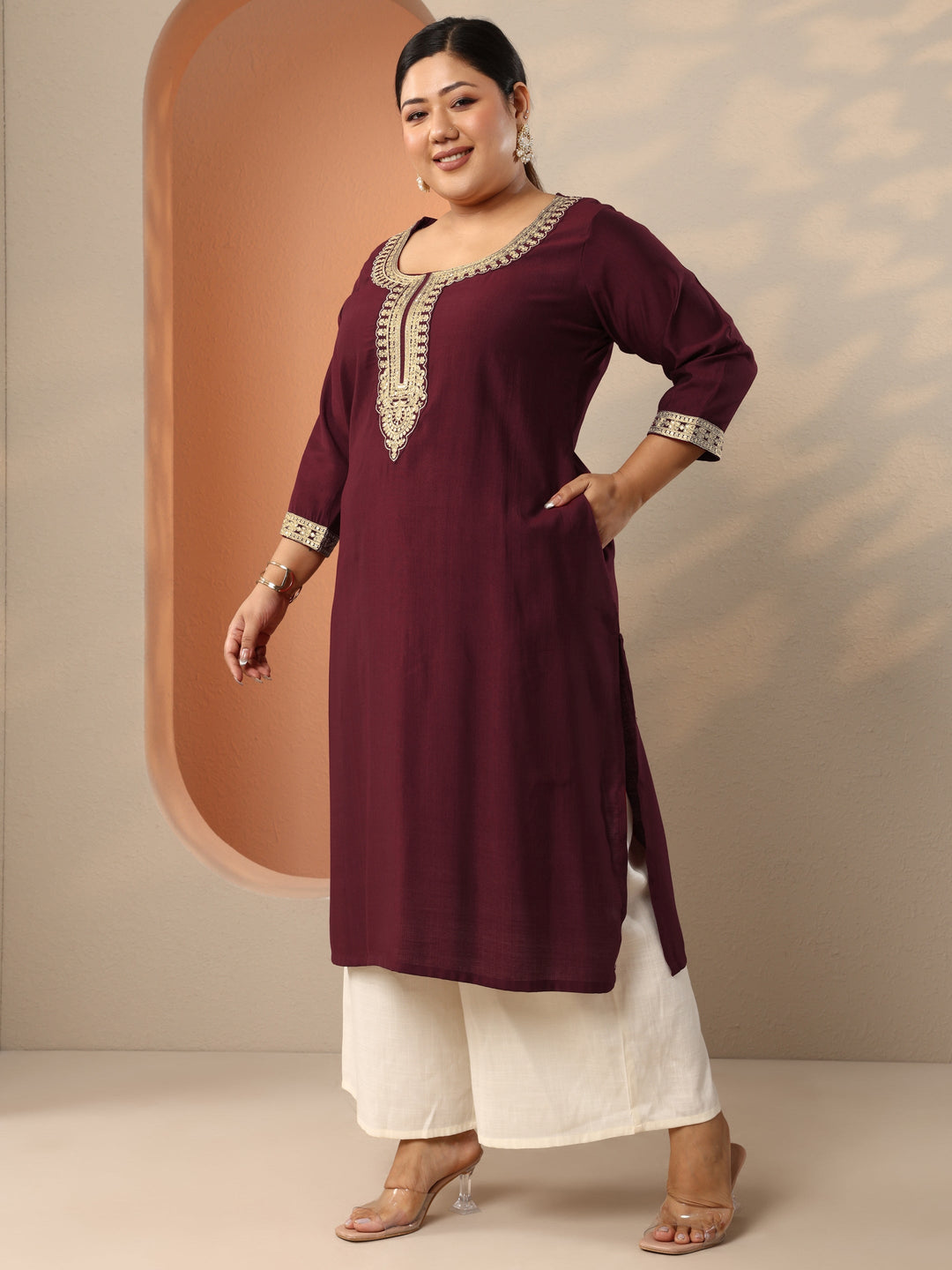 Plus Size Maroon Embroidered Silk Blend Straight Kurta