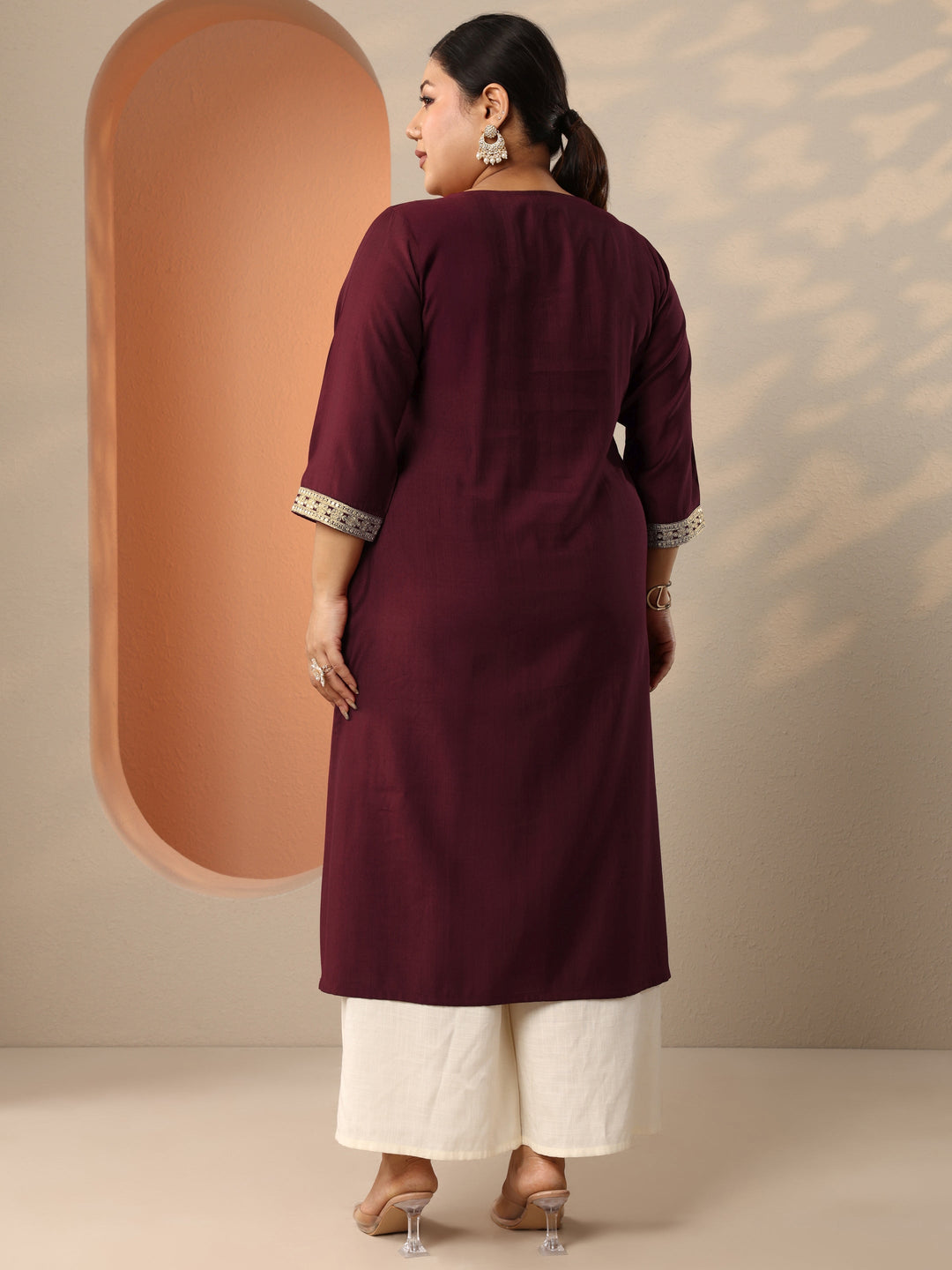 Plus Size Maroon Embroidered Silk Blend Straight Kurta