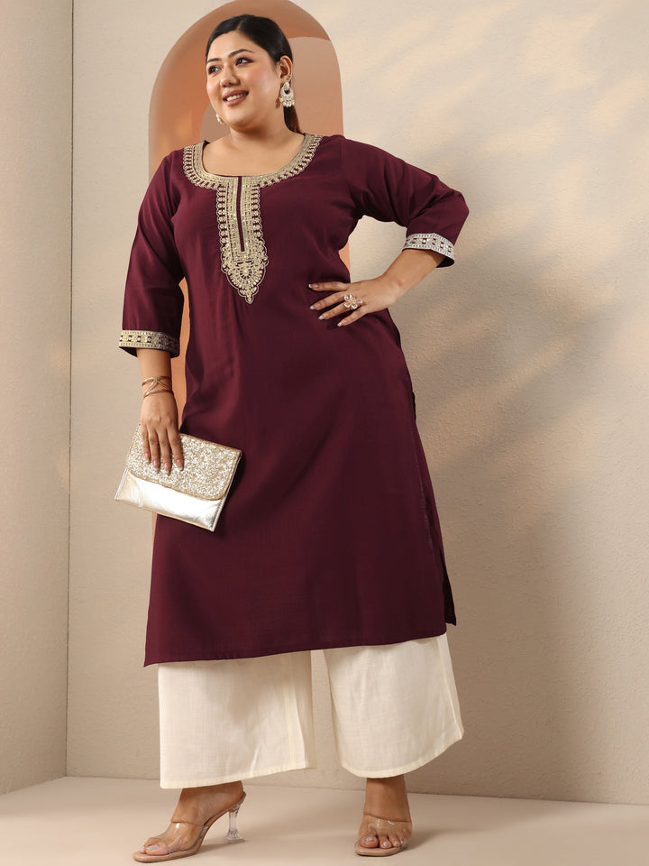 Plus Size Maroon Embroidered Silk Blend Straight Kurta