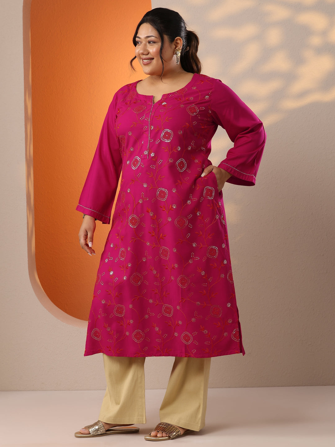 Plus Size Pink Embroidered Rayon Straight Kurta