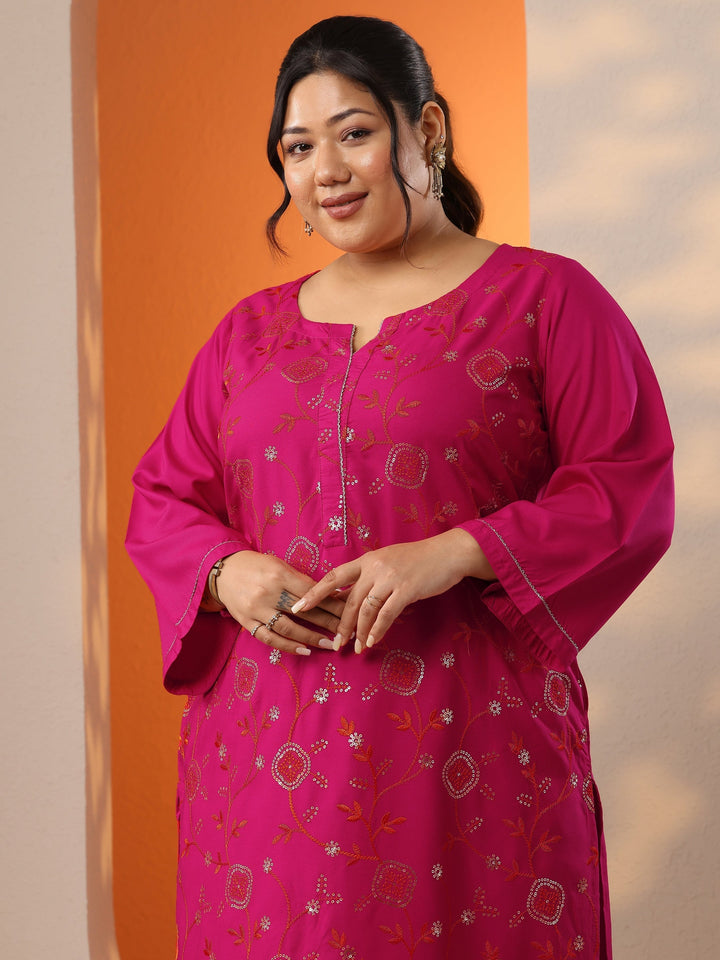 Plus Size Pink Embroidered Rayon Straight Kurta