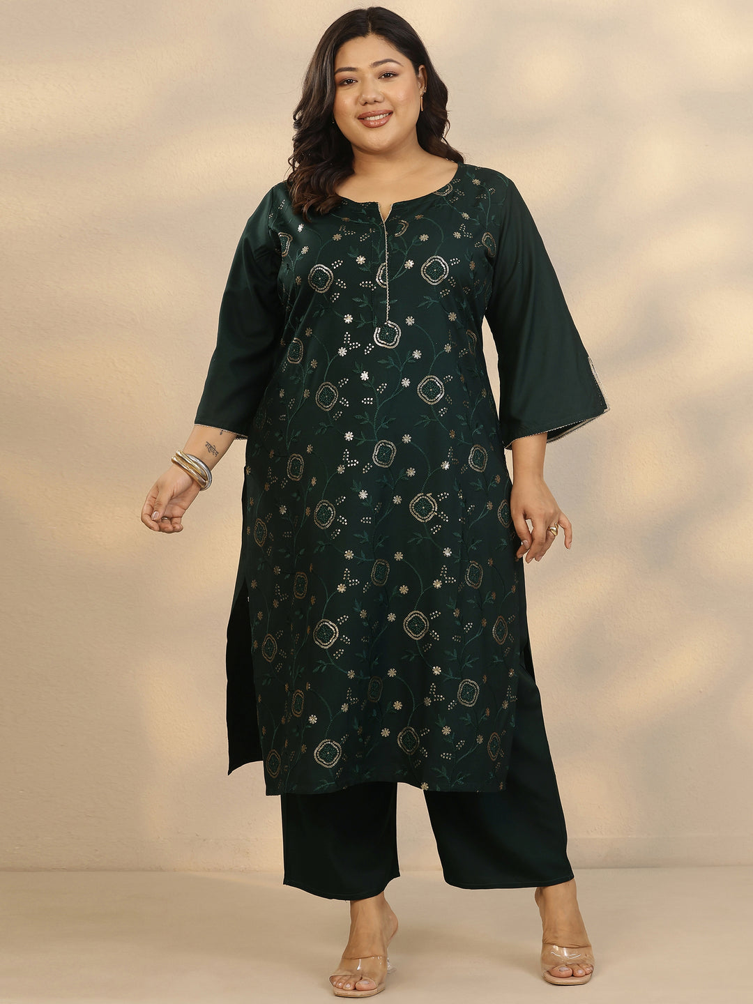 Plus Size Green Embellished Rayon Straight Kurta