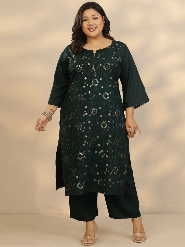 Plus Size Green Embellished Rayon Straight Kurta