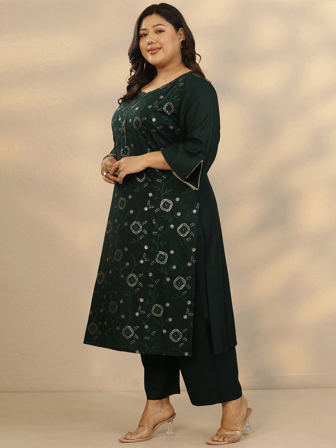 Plus Size Green Embellished Rayon Straight Kurta