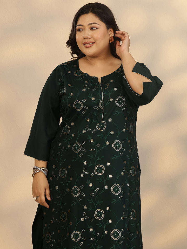 Plus Size Green Embellished Rayon Straight Kurta