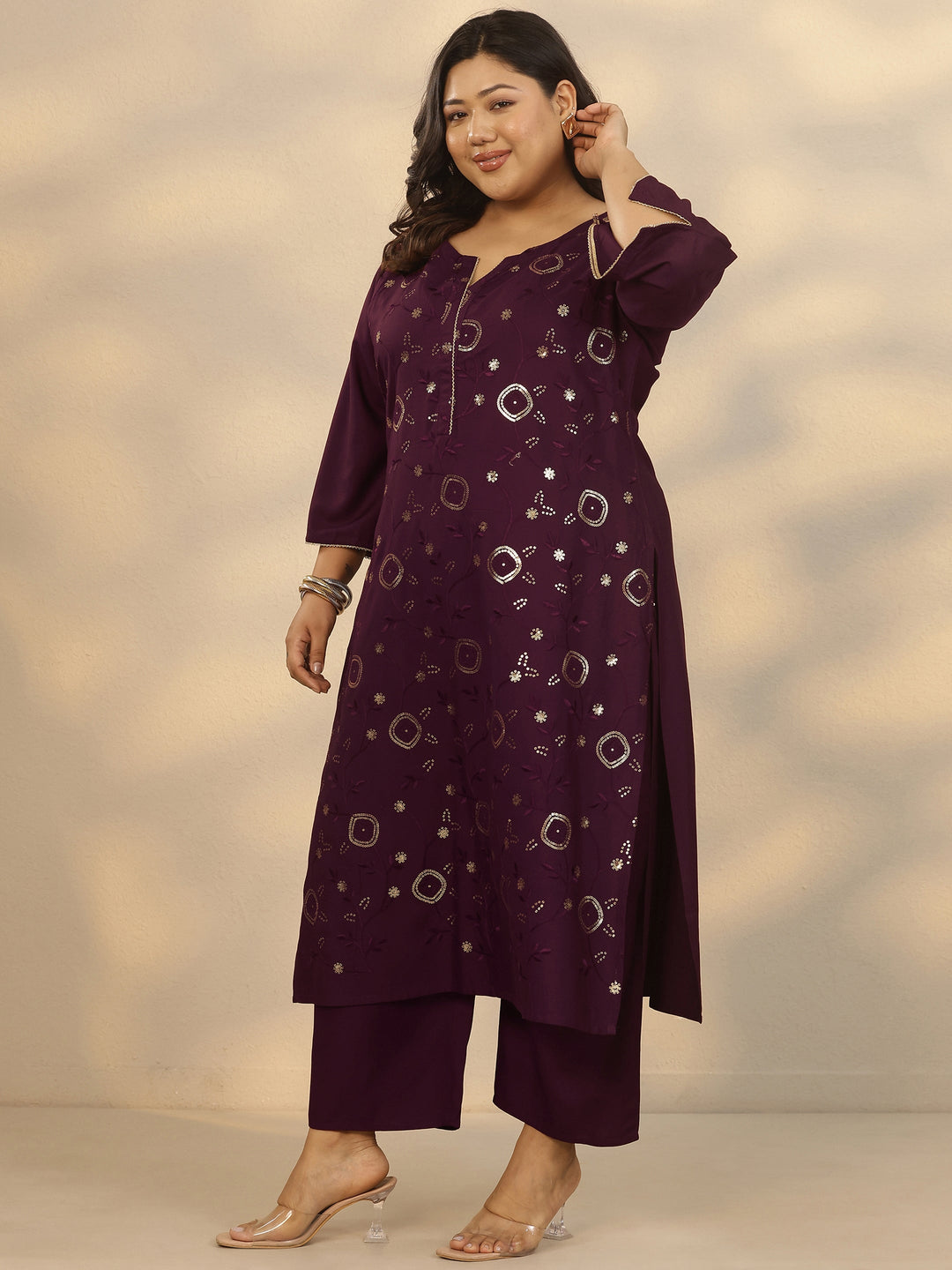 Plus Size Burgundy Embellished Rayon Straight Kurta