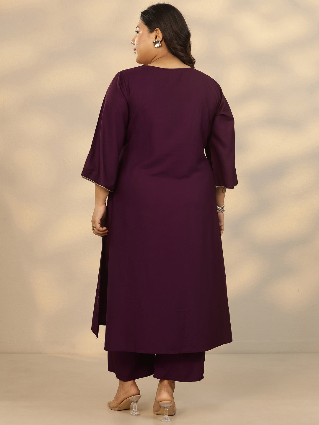 Plus Size Burgundy Embellished Rayon Straight Kurta