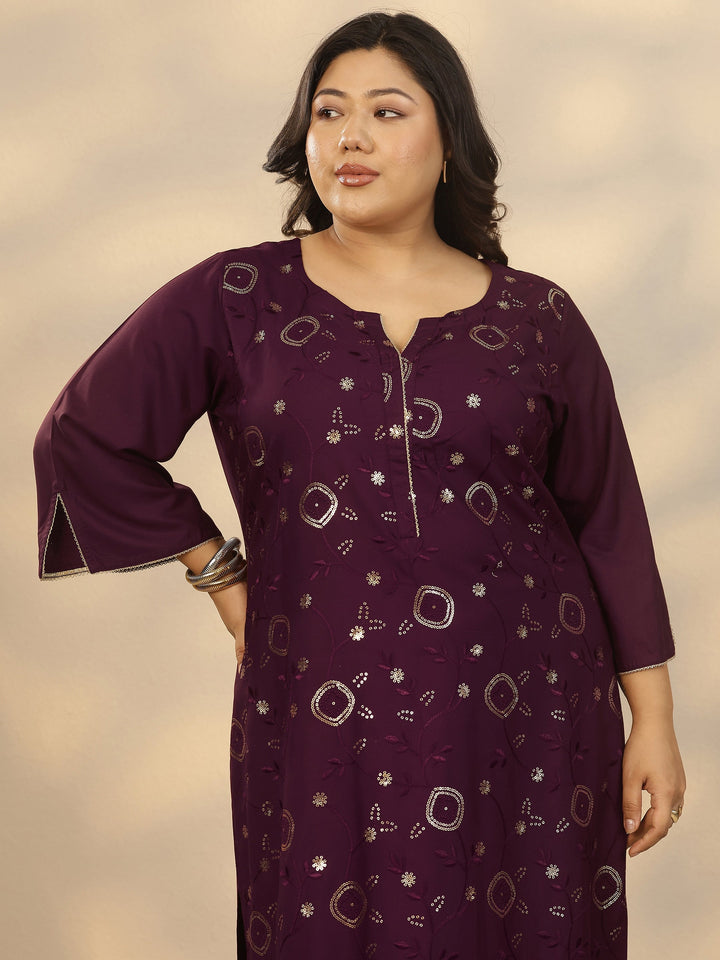 Plus Size Burgundy Embellished Rayon Straight Kurta