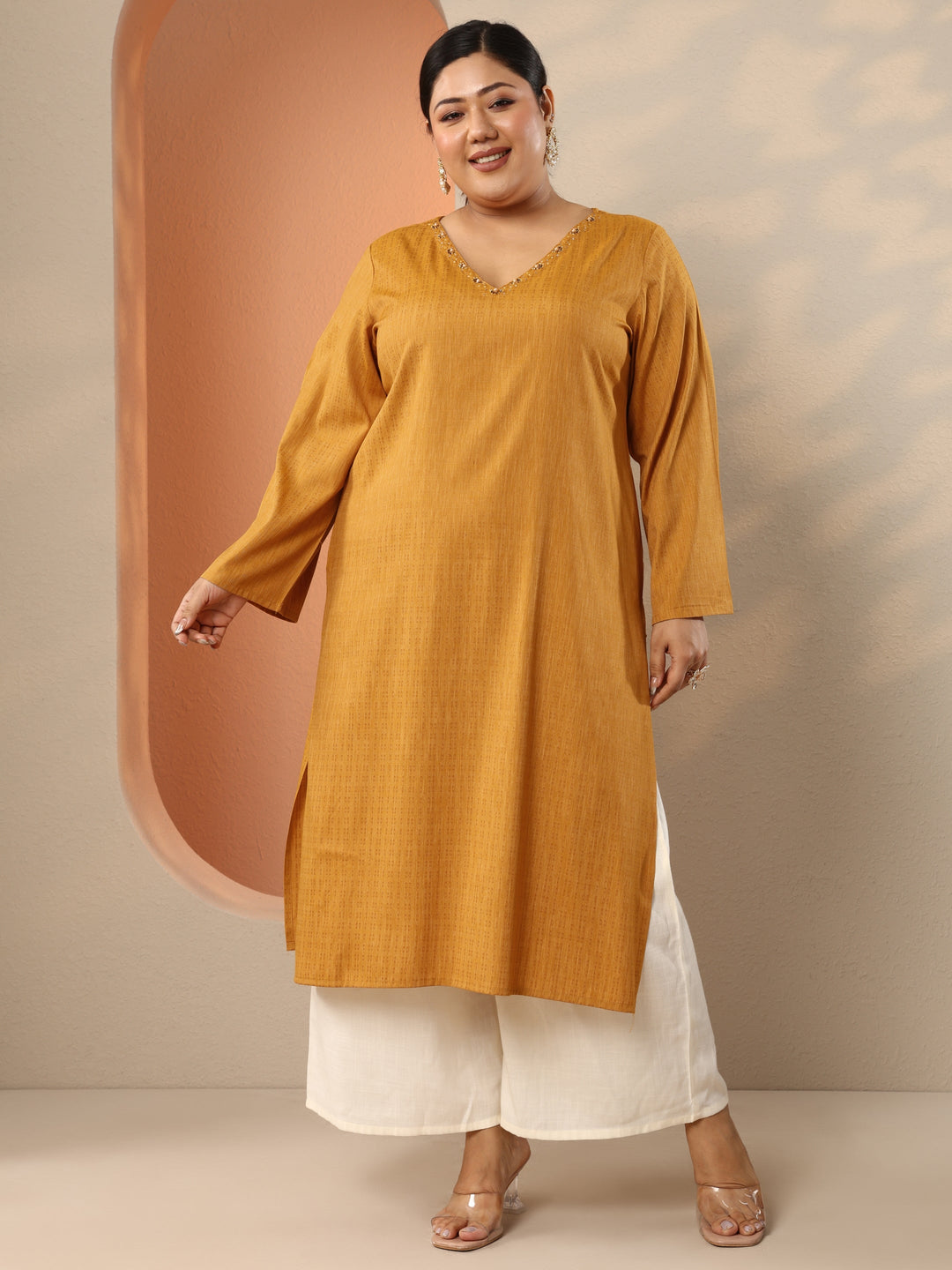 Plus Size Mustard Embellished Rayon Straight Kurta