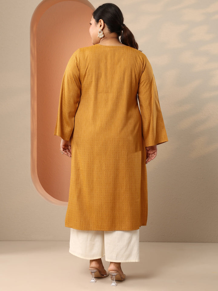 Plus Size Mustard Embellished Rayon Straight Kurta