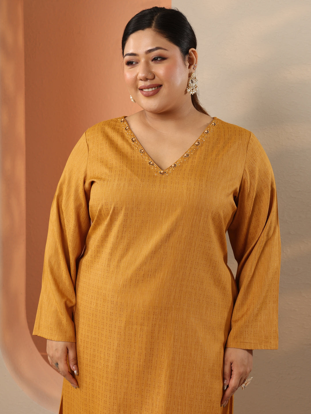 Plus Size Mustard Embellished Rayon Straight Kurta