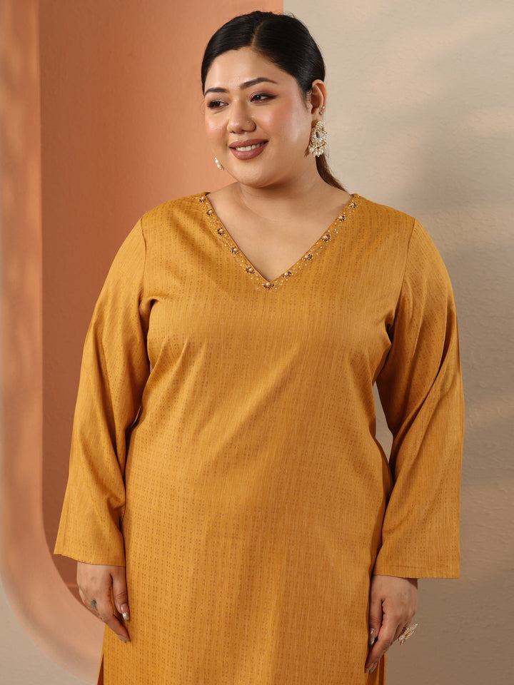 Plus Size Mustard Embellished Rayon Straight Kurta