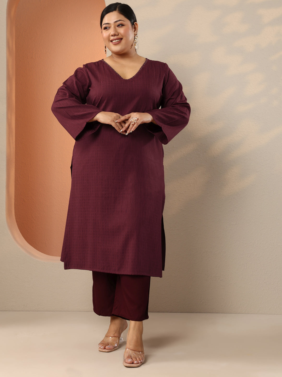 Plus Size Maroon Embellished Rayon Straight Kurta