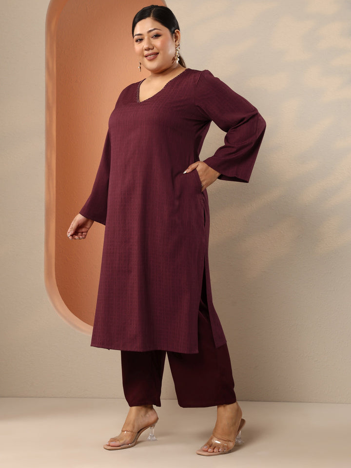 Plus Size Maroon Embellished Rayon Straight Kurta